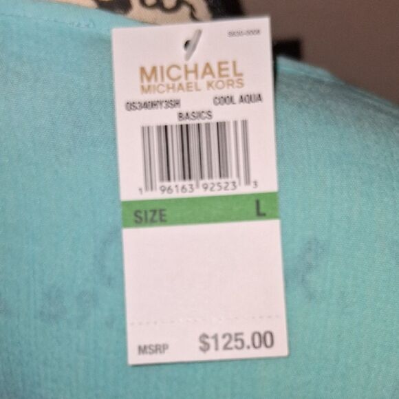 NWT MICHAEL KORS Women's Light Blue V-Neck Top Silver Chain Drawstring Logo L - Picture 4 of 7